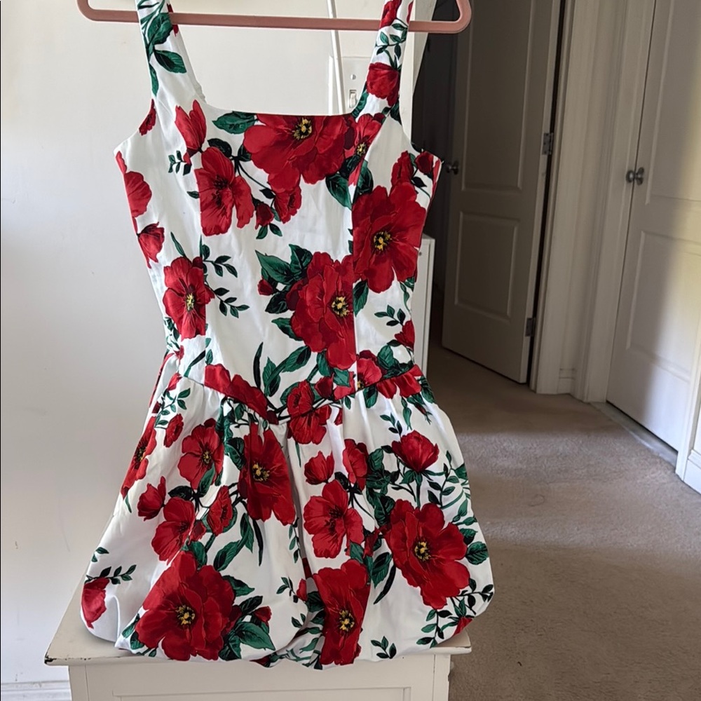 White Sundress with Bold Red Floral Print